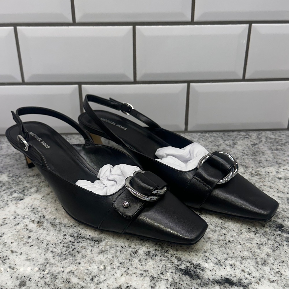 Michael Kors Womens 8M Jaden Kitten Sling Black Leather Square Toe Buckle Heels